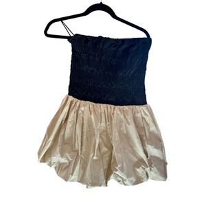 DISSH Strapless Smocked Bubble Hem Mini Dress Black Beige US 10